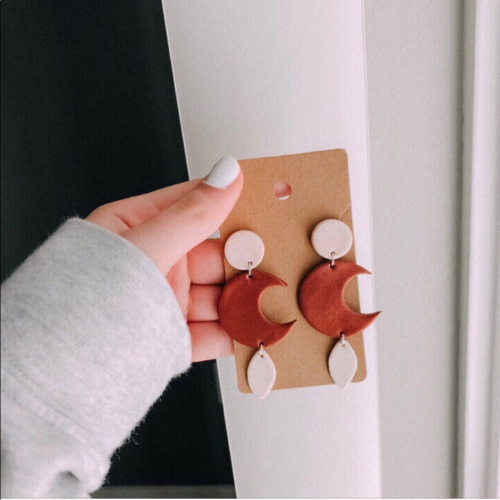 White & bronze moon handmade polymer clay earrings